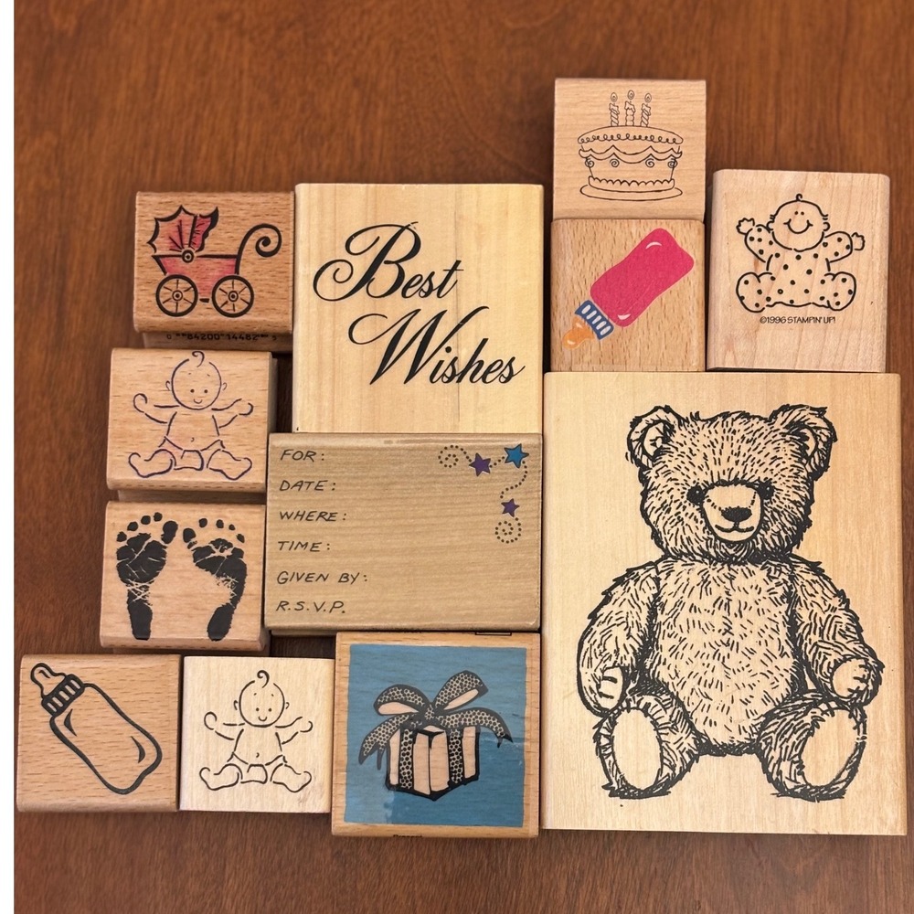 Lot of 12 Stamp Set Teddy Bear Baby Footprints Bottle Best Wishes Crafting‎ Lot